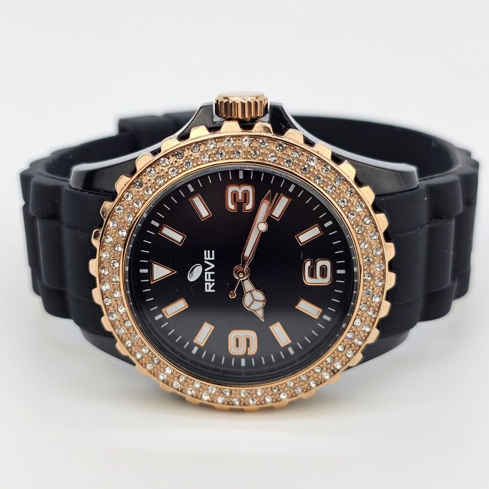 Rave Unisex Watch 40MM Black Dial Crystal Bezel Black Plastic Bands New Battery